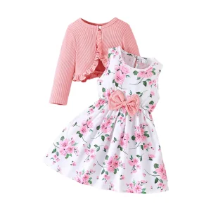 2pcs Little Toddler Girls Dress With Solid Color Cardigan